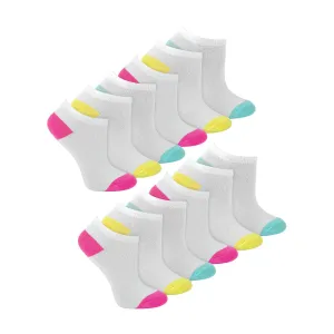 12 Pack Girls Low Cut White Trainer Socks with Contrast Heel & Toe