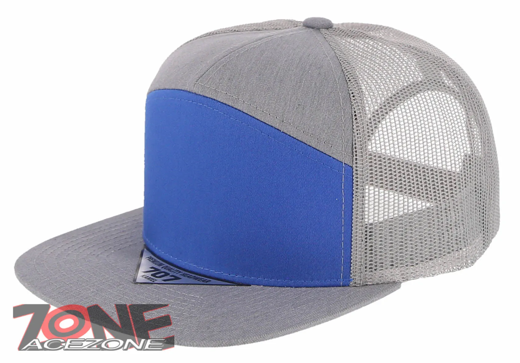 7 PANEL FLAT BILL SNAPBACK TRUCKER BASEBALL CAP HAT GRAY ROYAL BLUE