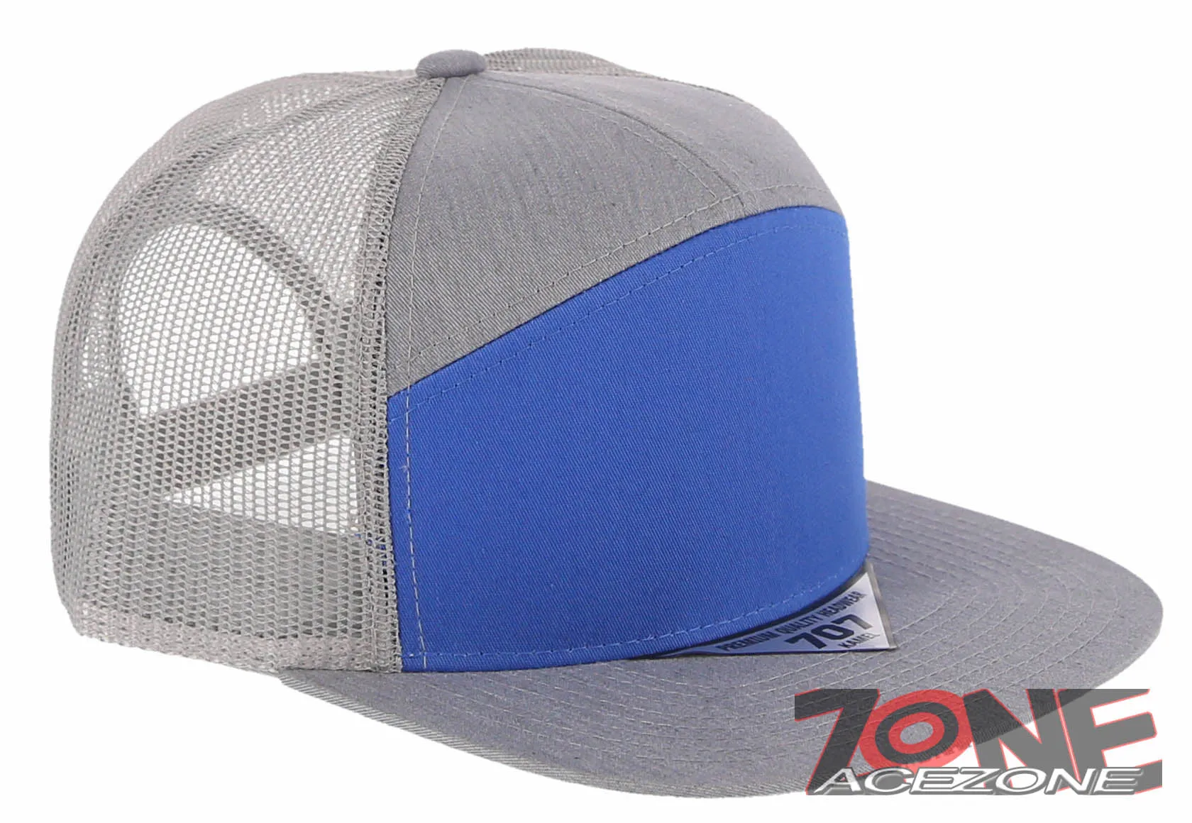7 PANEL FLAT BILL SNAPBACK TRUCKER BASEBALL CAP HAT GRAY ROYAL BLUE