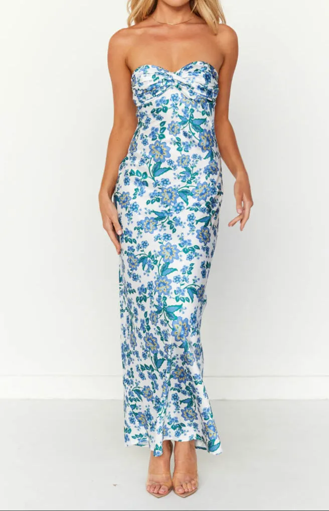Ariana Blaues formelles Maxikleid mit Blumenmuster
