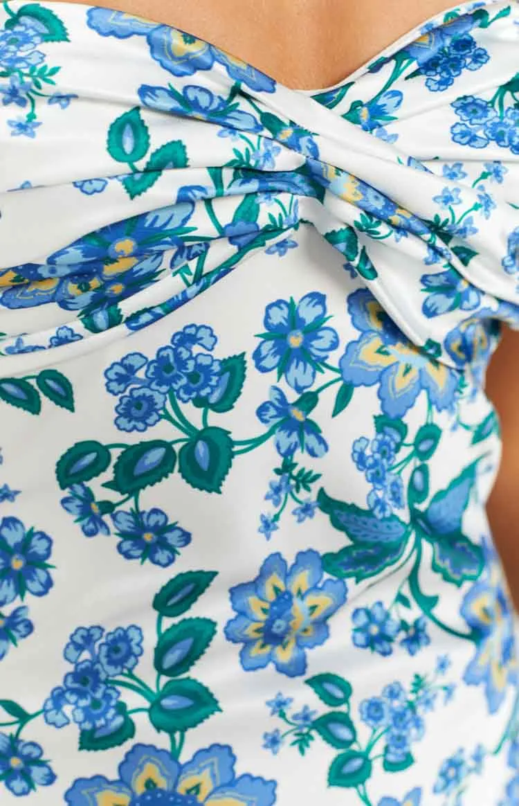 Ariana Blaues formelles Maxikleid mit Blumenmuster