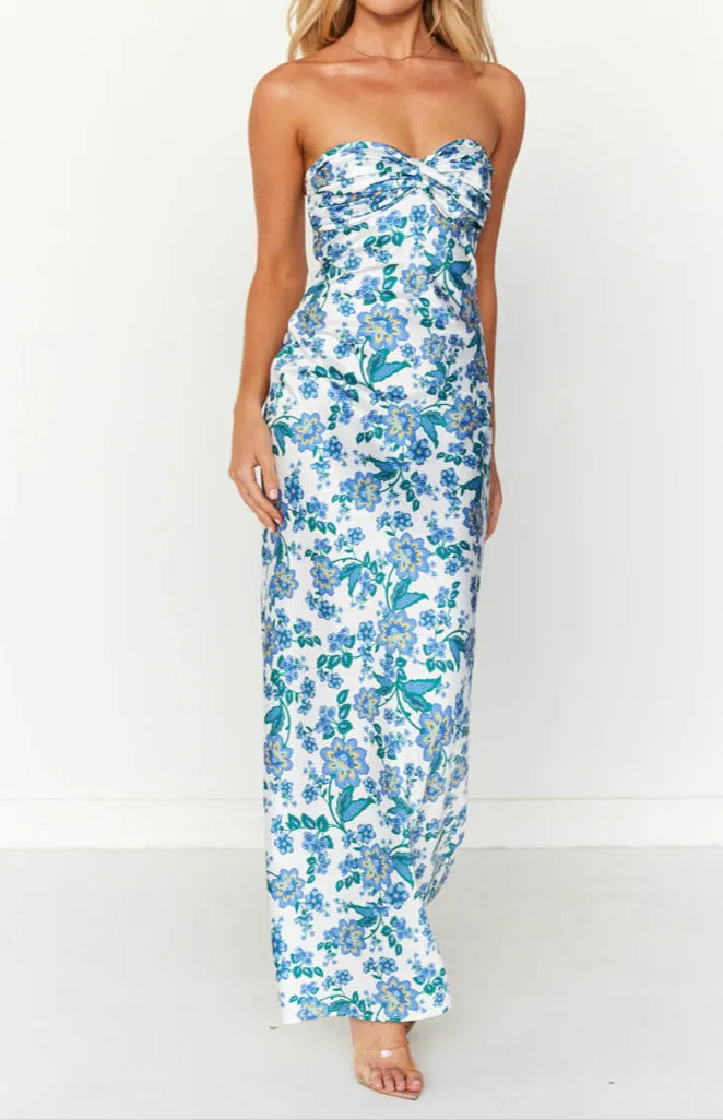 Ariana Blaues formelles Maxikleid mit Blumenmuster