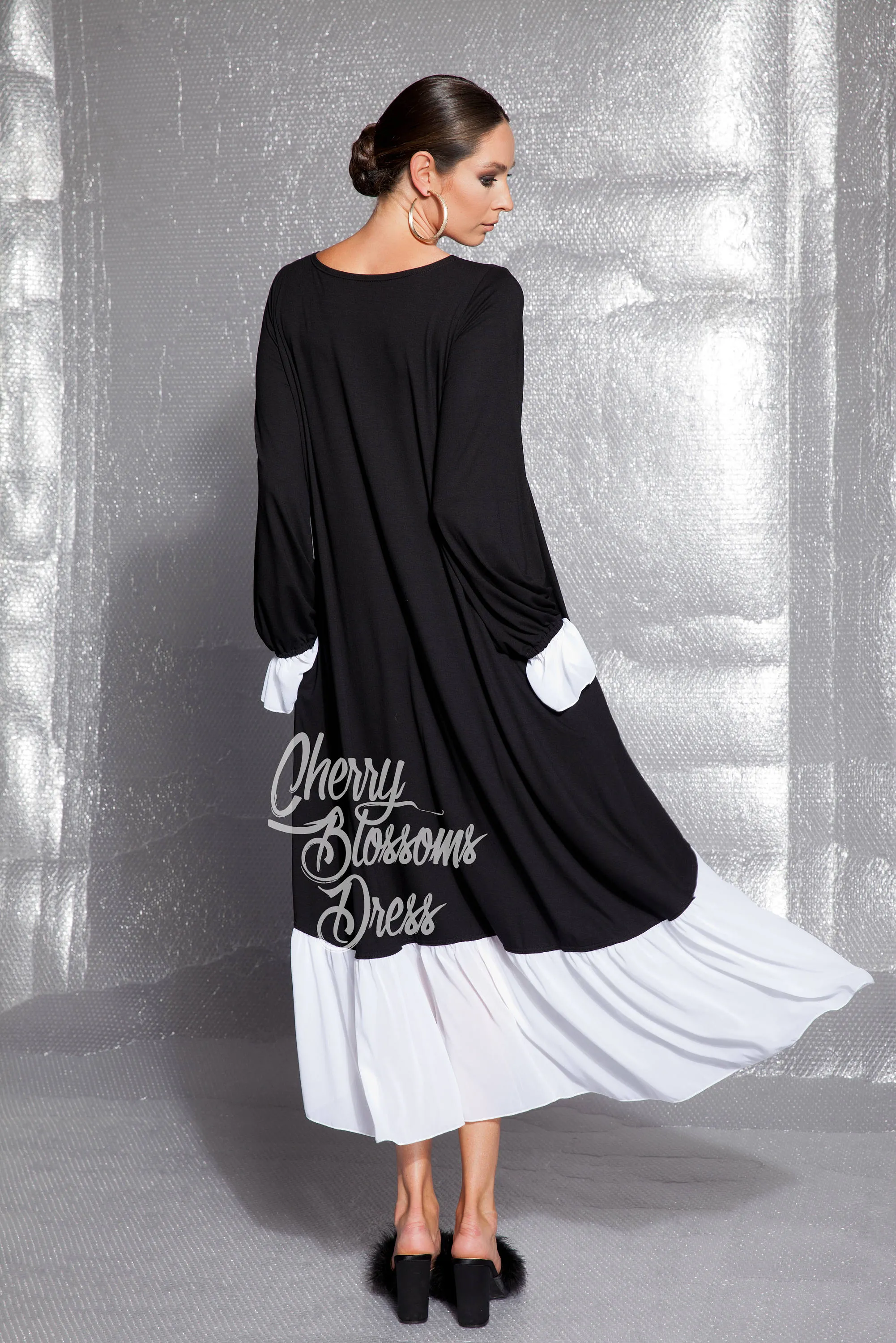 Black Maxi Dress, Asymmetrical Dress, Ruffle Dress, Long Sleeve Dress ,Plus Size Dress, Flare Dress, Long Dress, Plus Size Clothing
