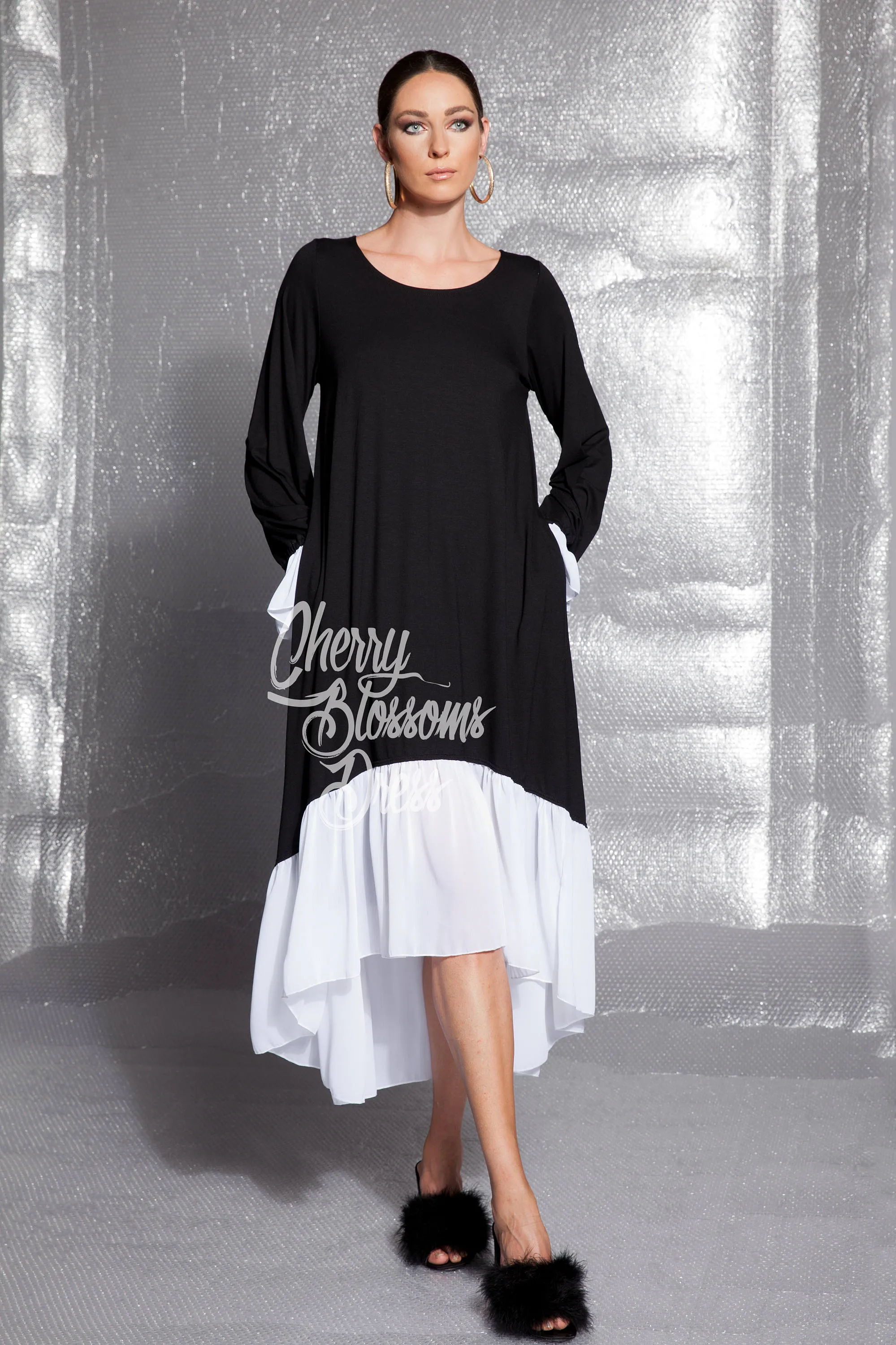 Black Maxi Dress, Asymmetrical Dress, Ruffle Dress, Long Sleeve Dress ,Plus Size Dress, Flare Dress, Long Dress, Plus Size Clothing