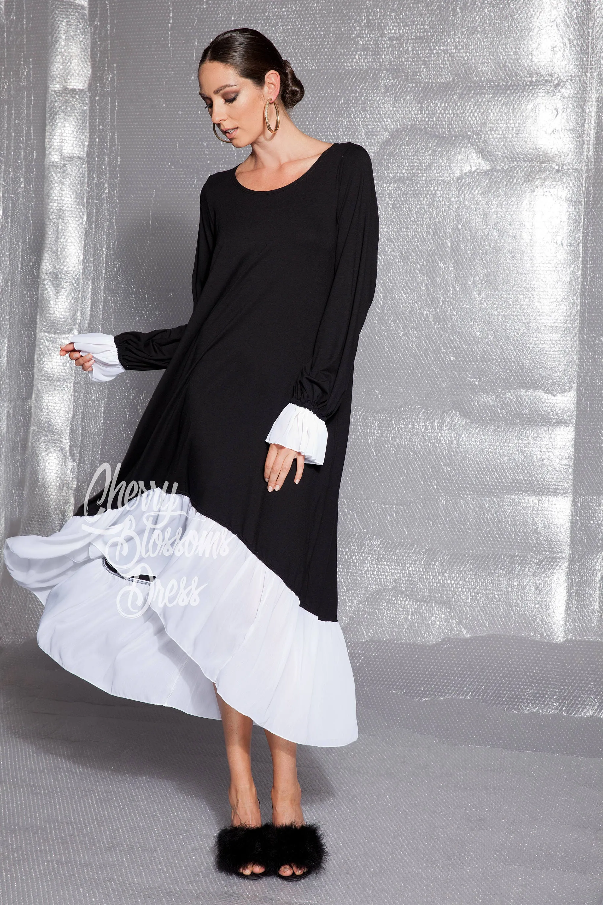 Black Maxi Dress, Asymmetrical Dress, Ruffle Dress, Long Sleeve Dress ,Plus Size Dress, Flare Dress, Long Dress, Plus Size Clothing