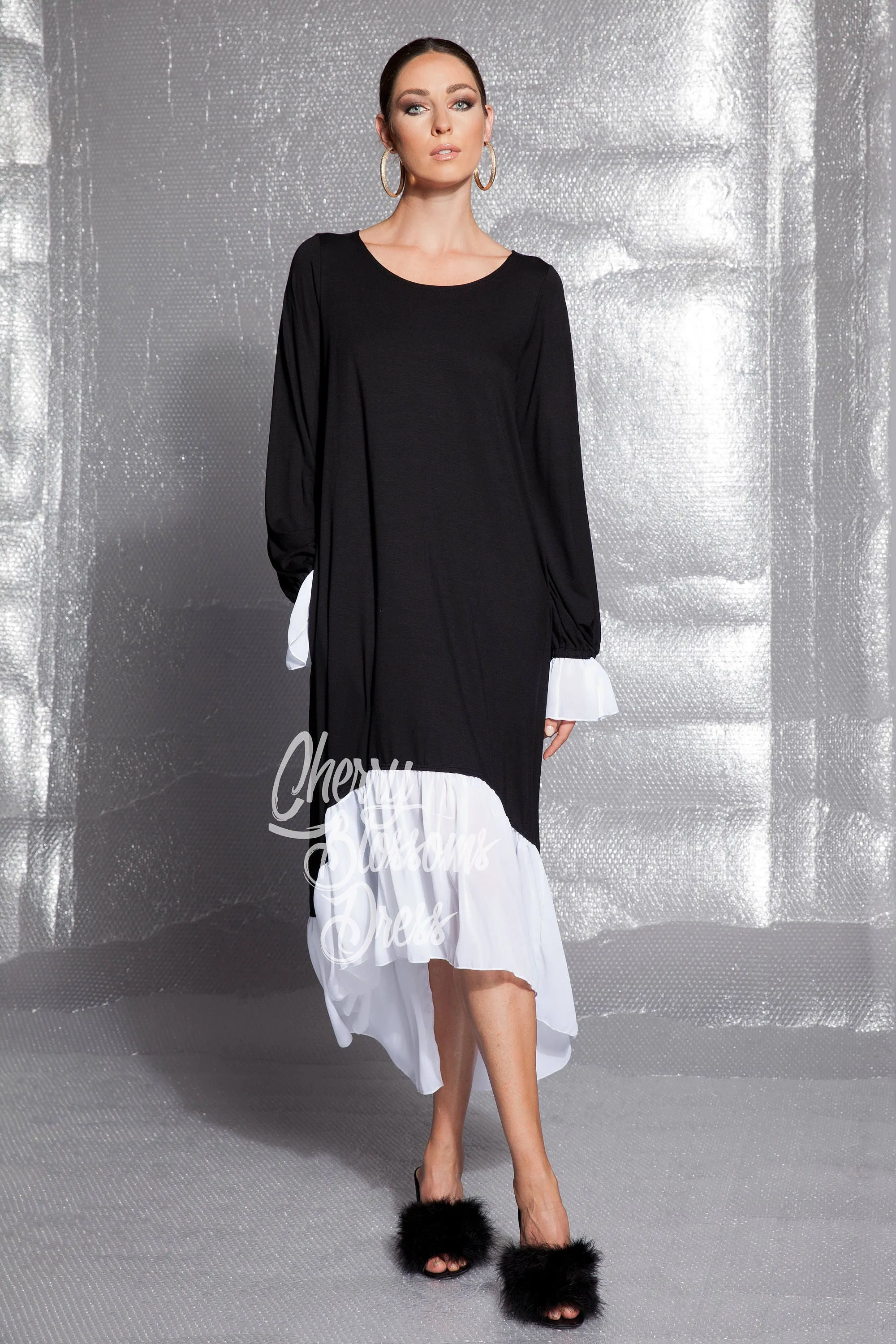 Black Maxi Dress, Asymmetrical Dress, Ruffle Dress, Long Sleeve Dress ,Plus Size Dress, Flare Dress, Long Dress, Plus Size Clothing