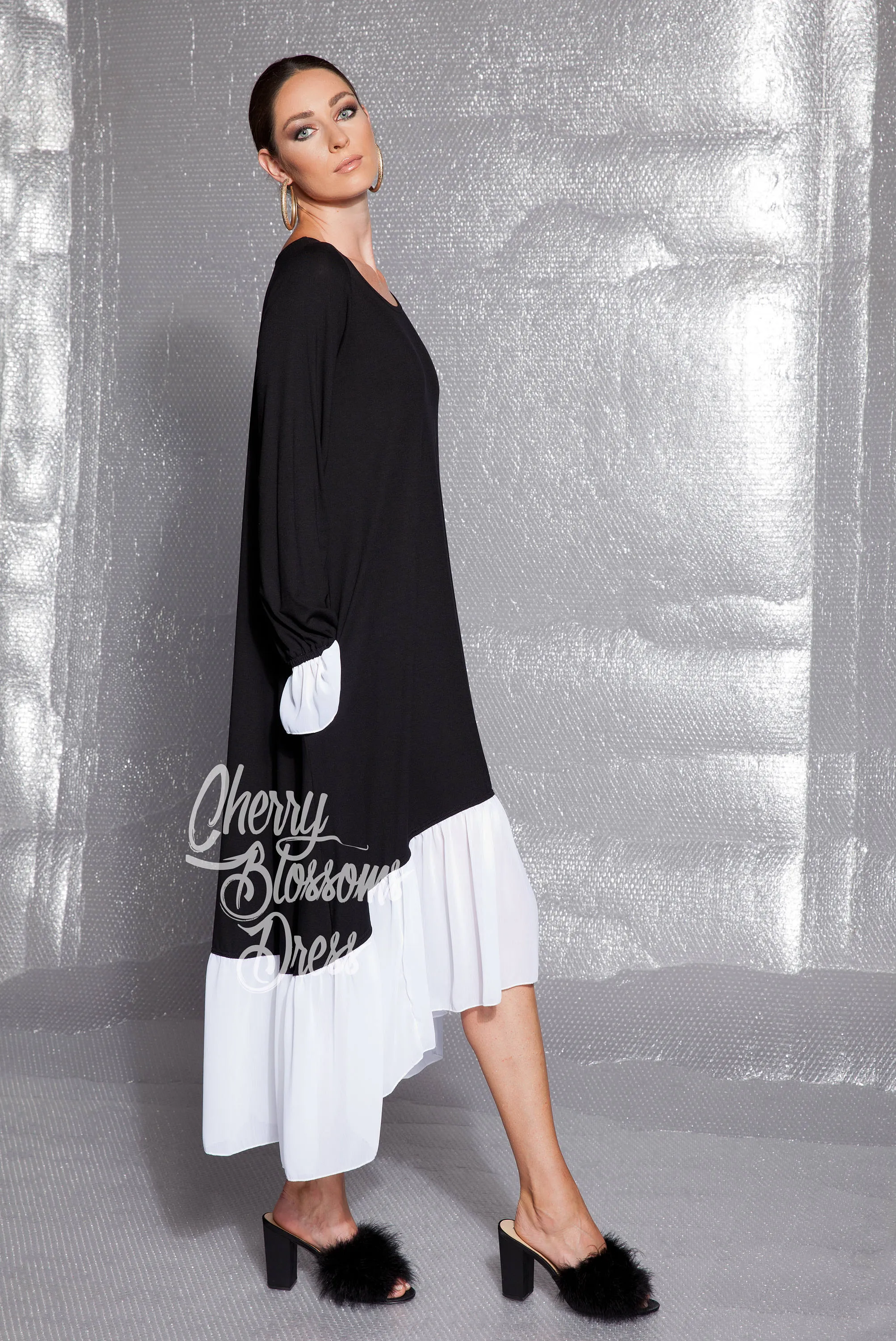 Black Maxi Dress, Asymmetrical Dress, Ruffle Dress, Long Sleeve Dress ,Plus Size Dress, Flare Dress, Long Dress, Plus Size Clothing