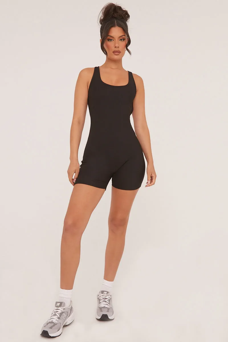 Black Rib Knit Racer Back Unitard - Lexi