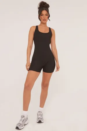 Black Rib Knit Racer Back Unitard - Lexi