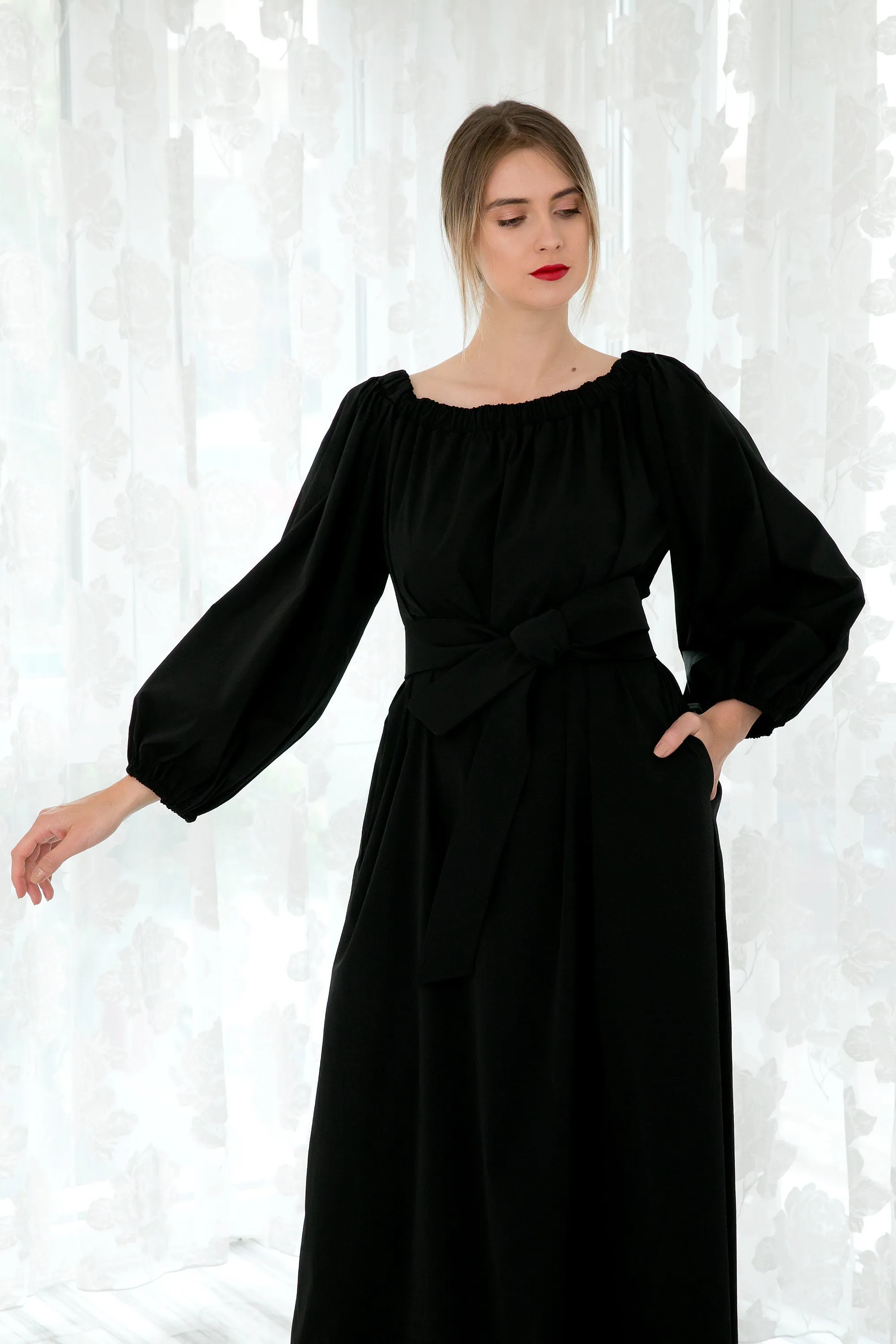 Black Taffeta Dress, Kaftan Dress, Bishop Sleeve Dress, Plus Size Clothing, Off Shoulder Dress, Black Formal Dress, Gothic Dress, Halloween