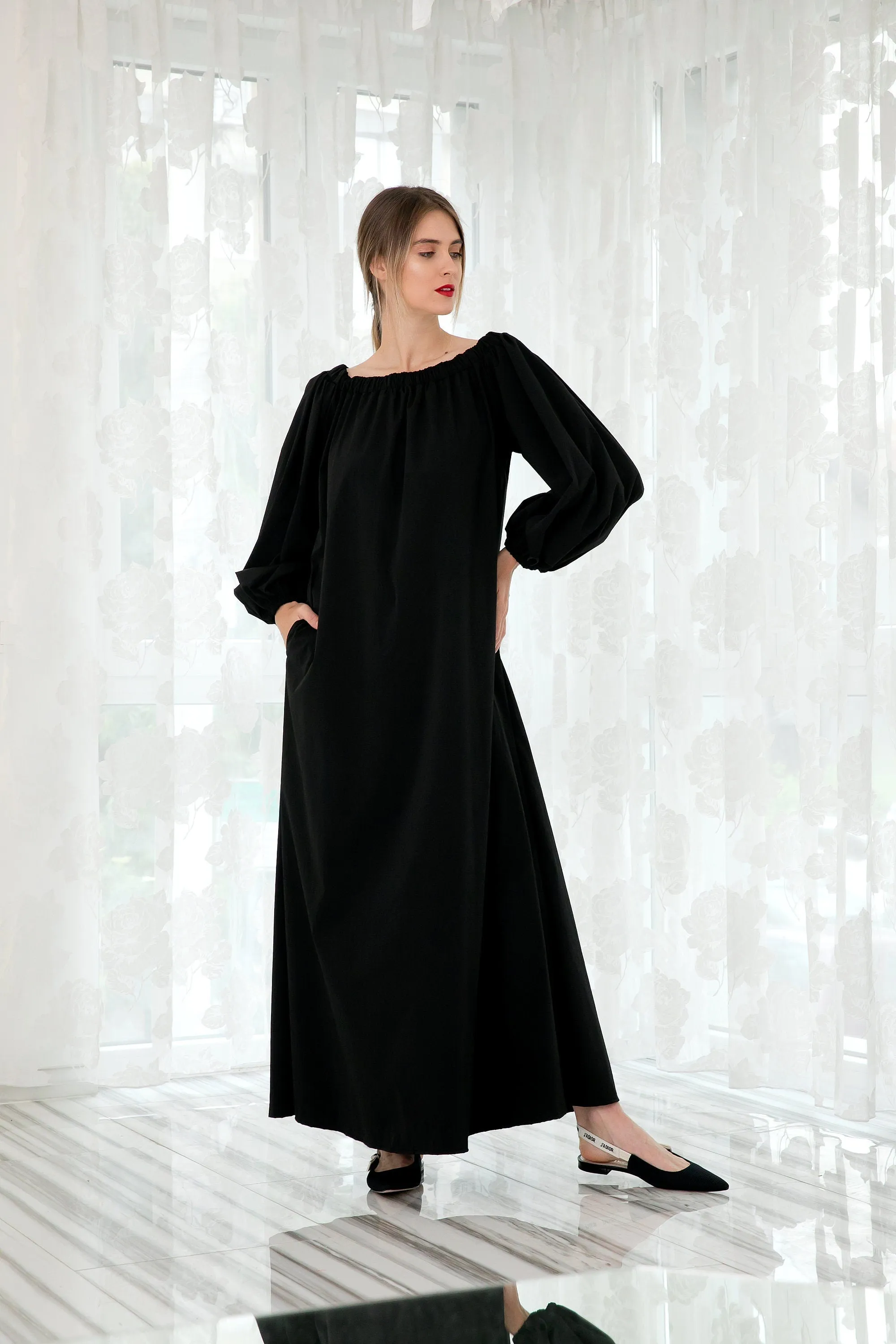 Black Taffeta Dress, Kaftan Dress, Bishop Sleeve Dress, Plus Size Clothing, Off Shoulder Dress, Black Formal Dress, Gothic Dress, Halloween