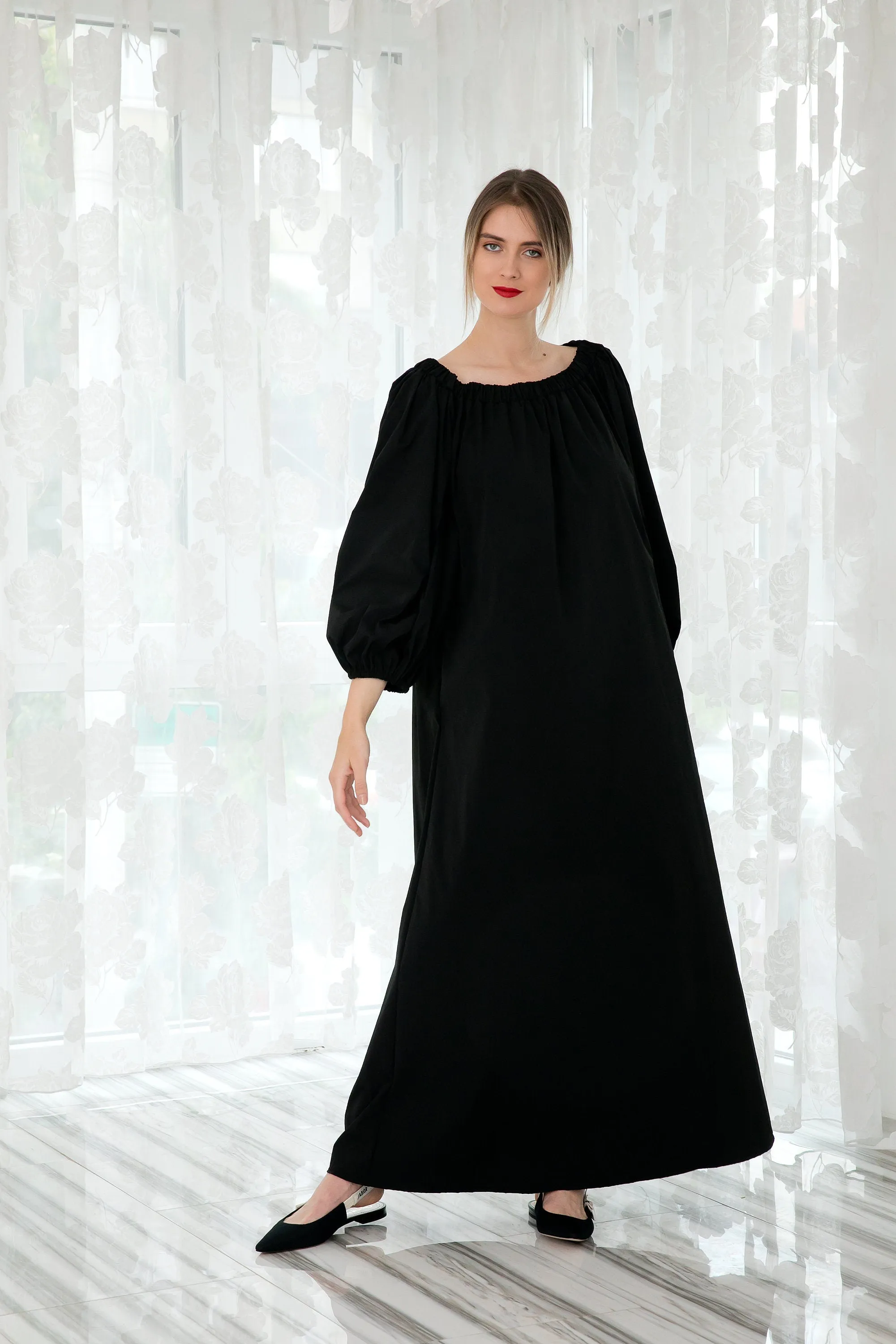 Black Taffeta Dress, Kaftan Dress, Bishop Sleeve Dress, Plus Size Clothing, Off Shoulder Dress, Black Formal Dress, Gothic Dress, Halloween