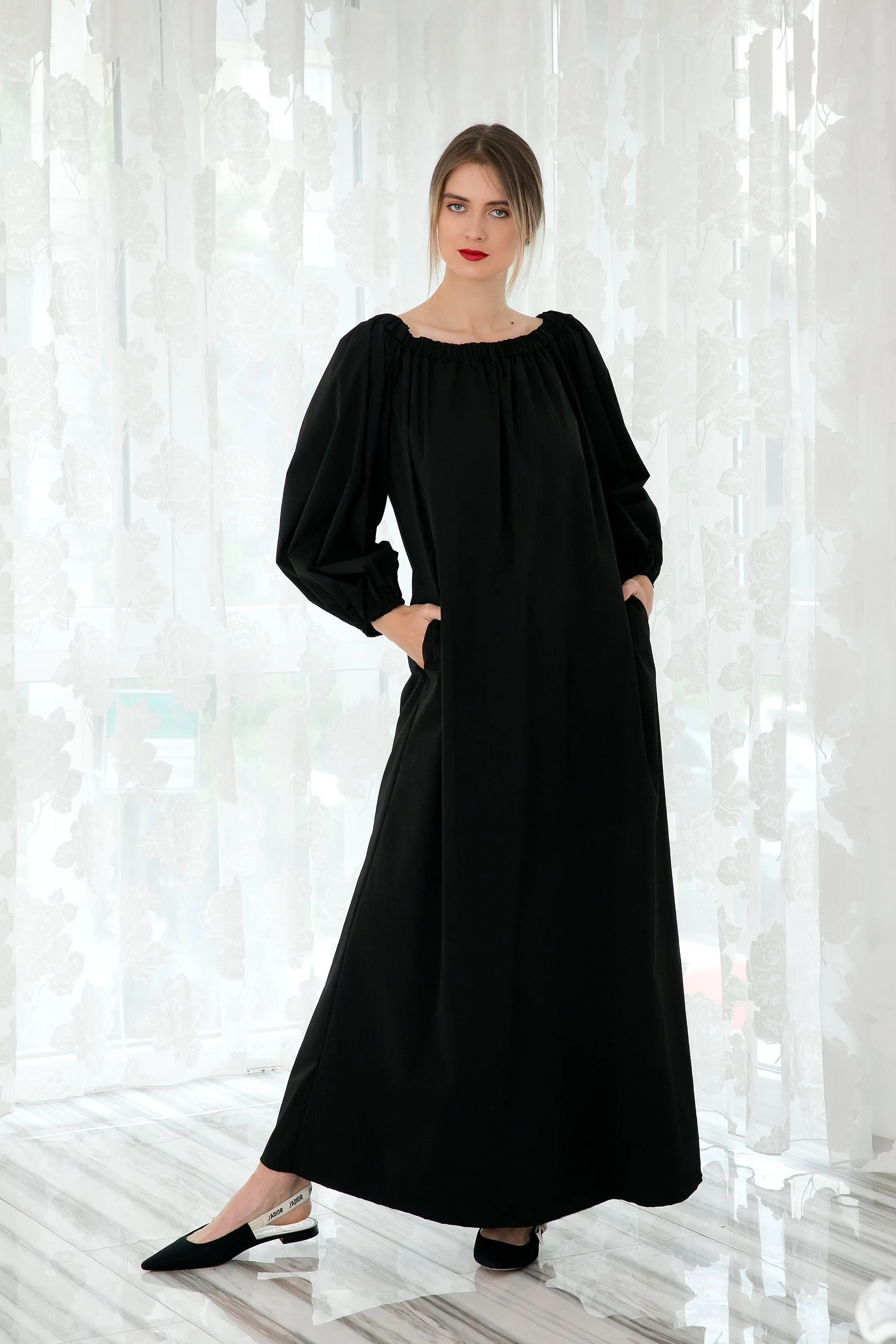 Black Taffeta Dress, Kaftan Dress, Bishop Sleeve Dress, Plus Size Clothing, Off Shoulder Dress, Black Formal Dress, Gothic Dress, Halloween