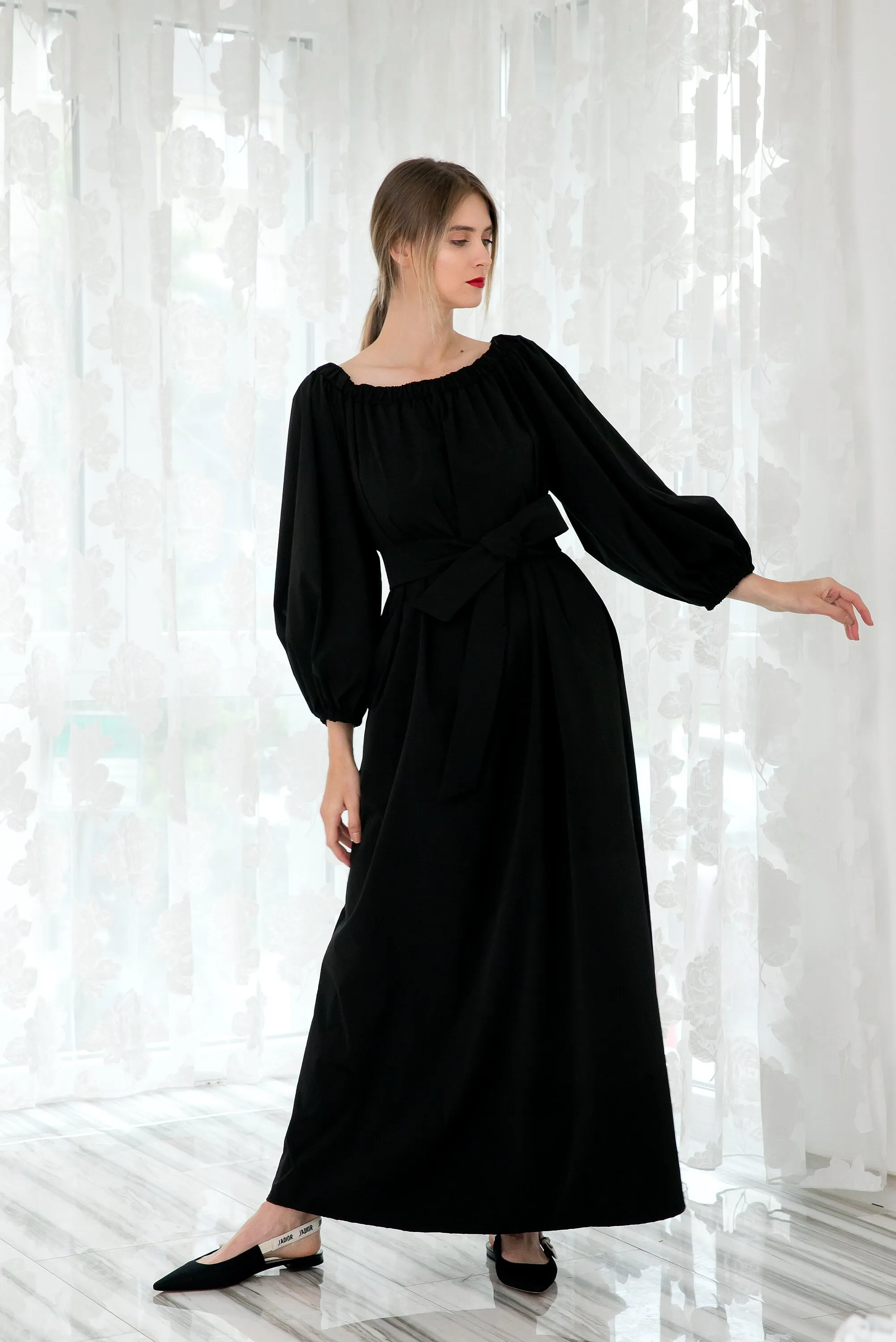 Black Taffeta Dress, Kaftan Dress, Bishop Sleeve Dress, Plus Size Clothing, Off Shoulder Dress, Black Formal Dress, Gothic Dress, Halloween