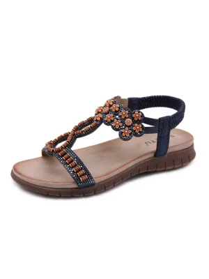 Blossom Beaded Boho Applique Sandal - Navy