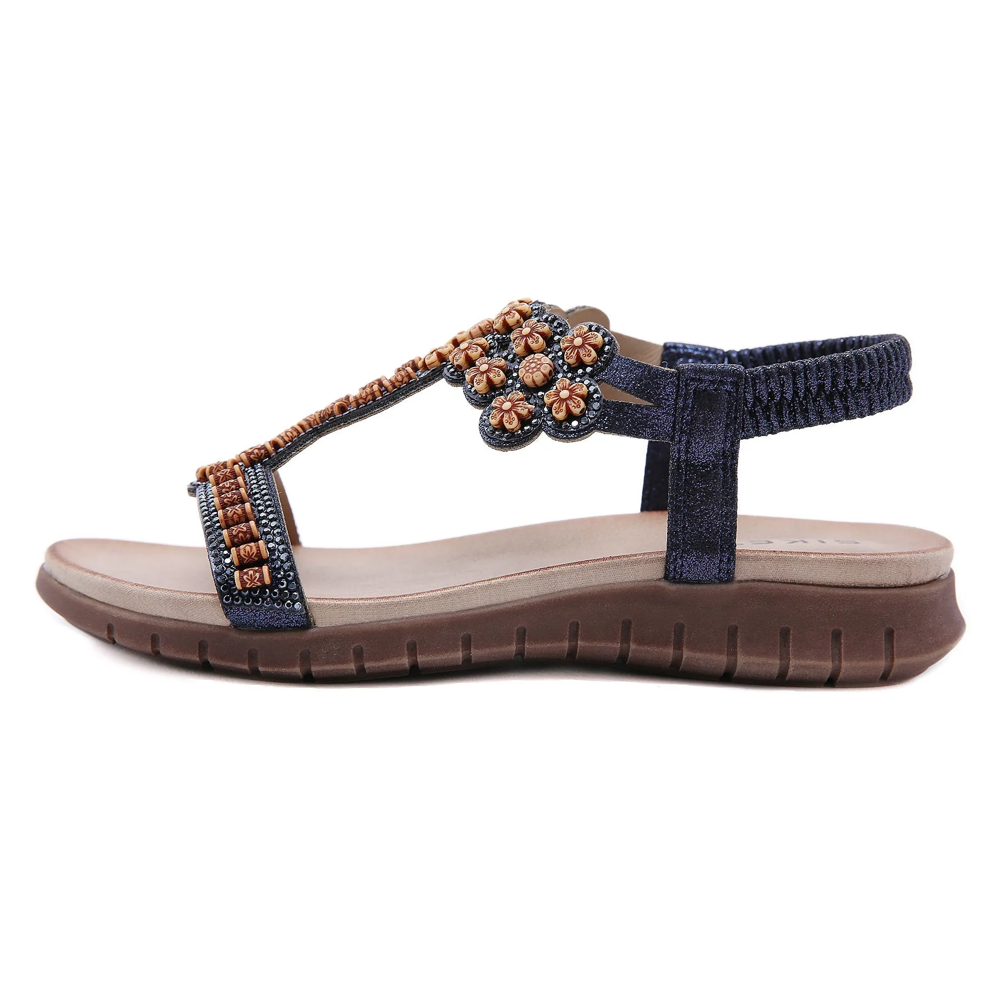 Blossom Beaded Boho Applique Sandal - Navy