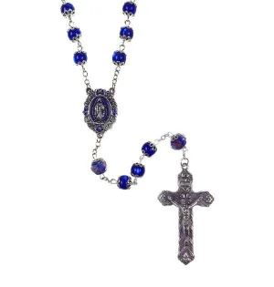 Blue Glass Bead Rosary with Blue Rose Our Father Beads and Enameled Lady of Grace Center