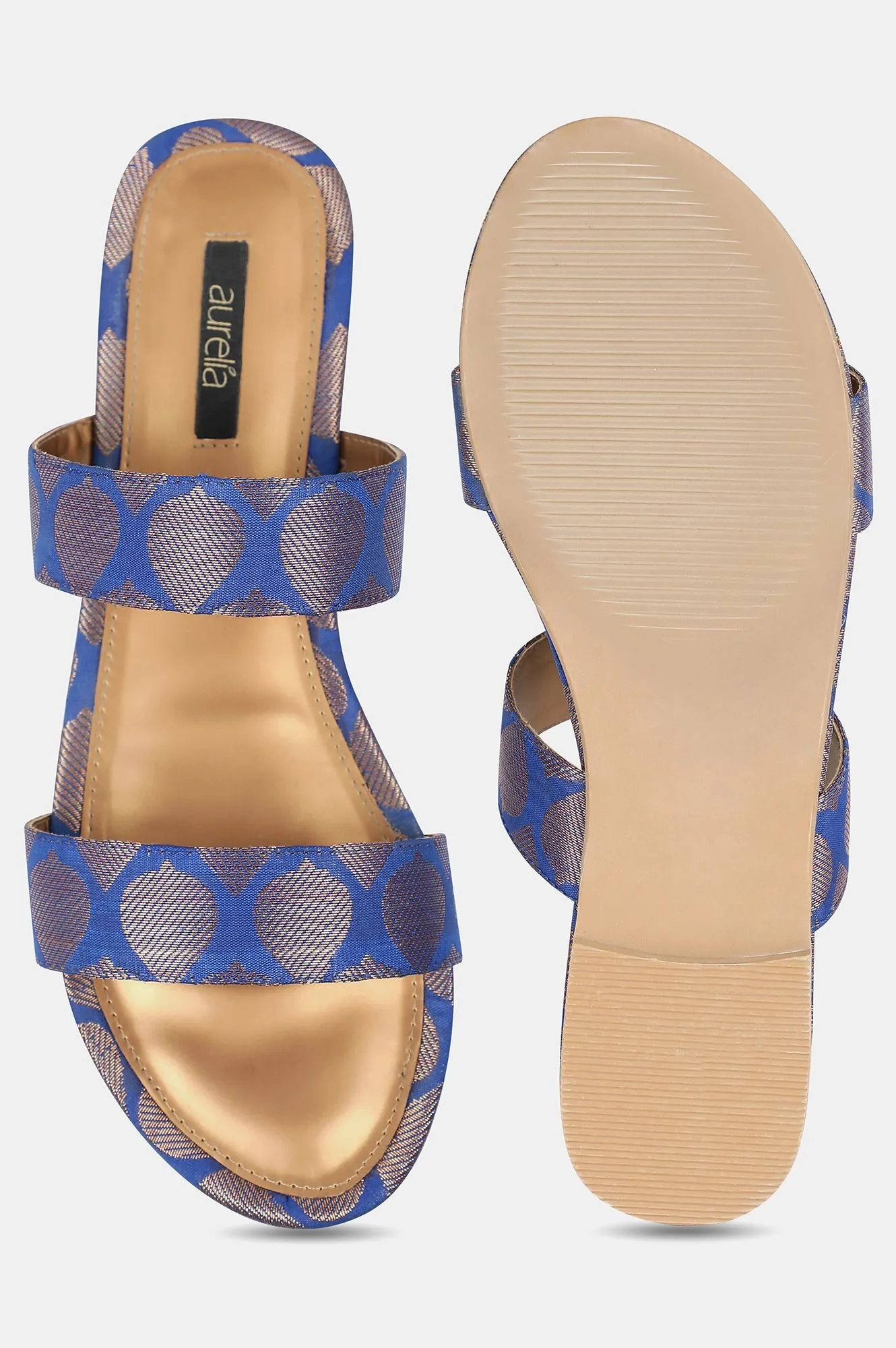 Blue Gold Almond Toe Self Design Flat - Zkailyn