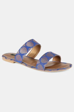 Blue Gold Almond Toe Self Design Flat - Zkailyn