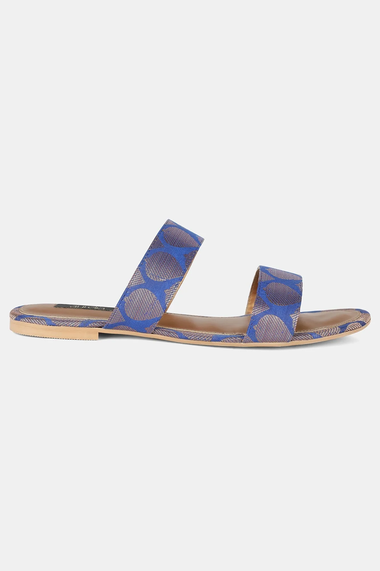 Blue Gold Almond Toe Self Design Flat - Zkailyn