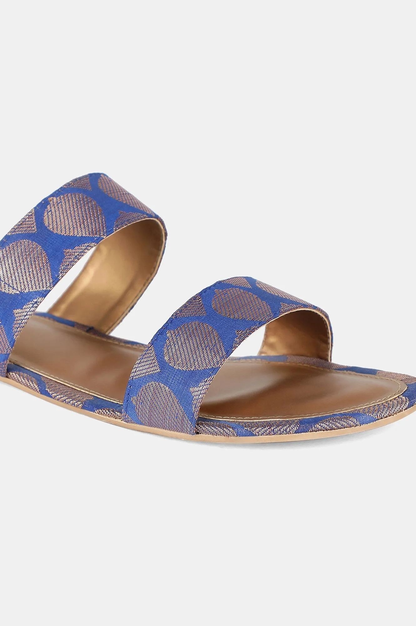 Blue Gold Almond Toe Self Design Flat - Zkailyn
