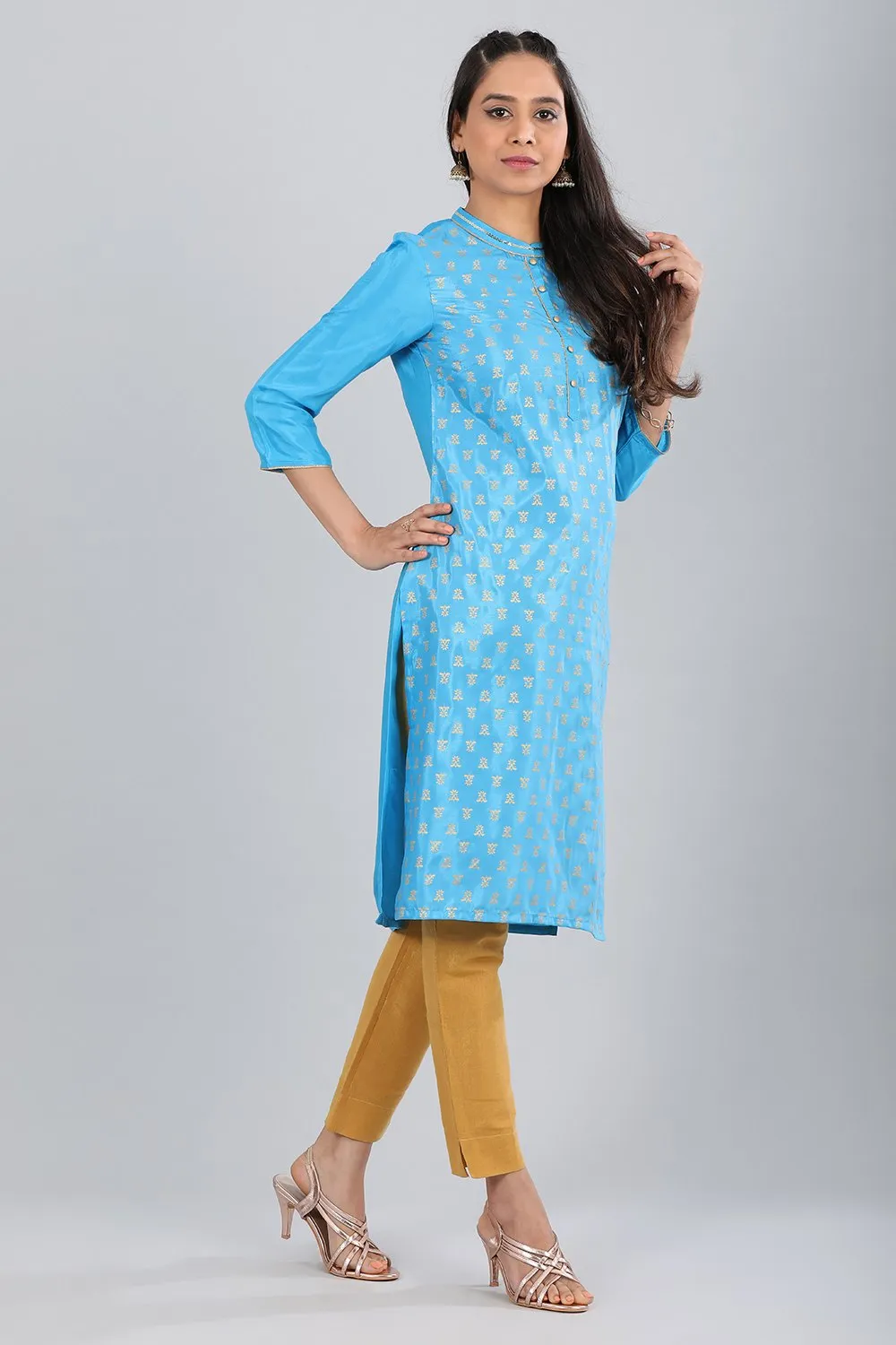 Blue Mandarin Neck Printed kurta