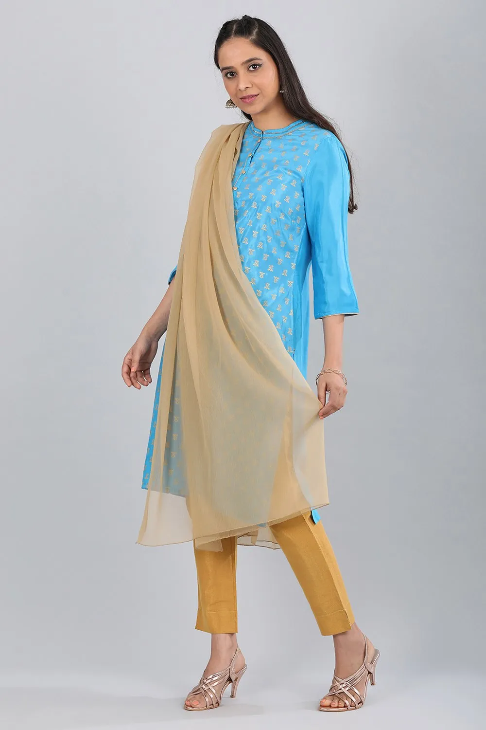 Blue Mandarin Neck Printed kurta