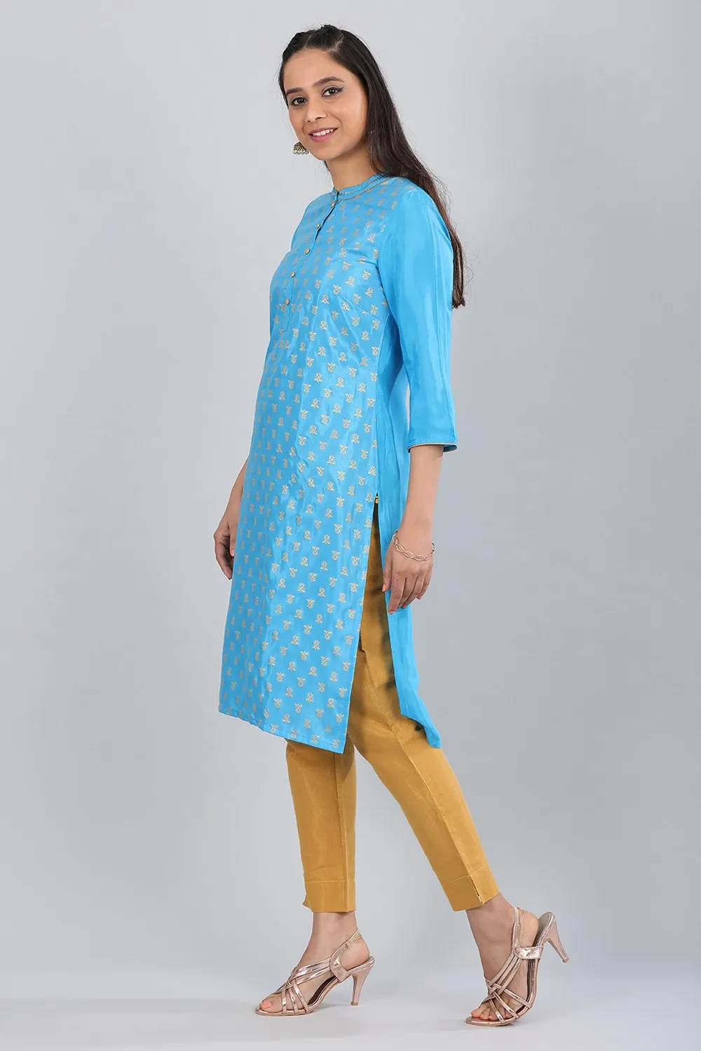 Blue Mandarin Neck Printed kurta