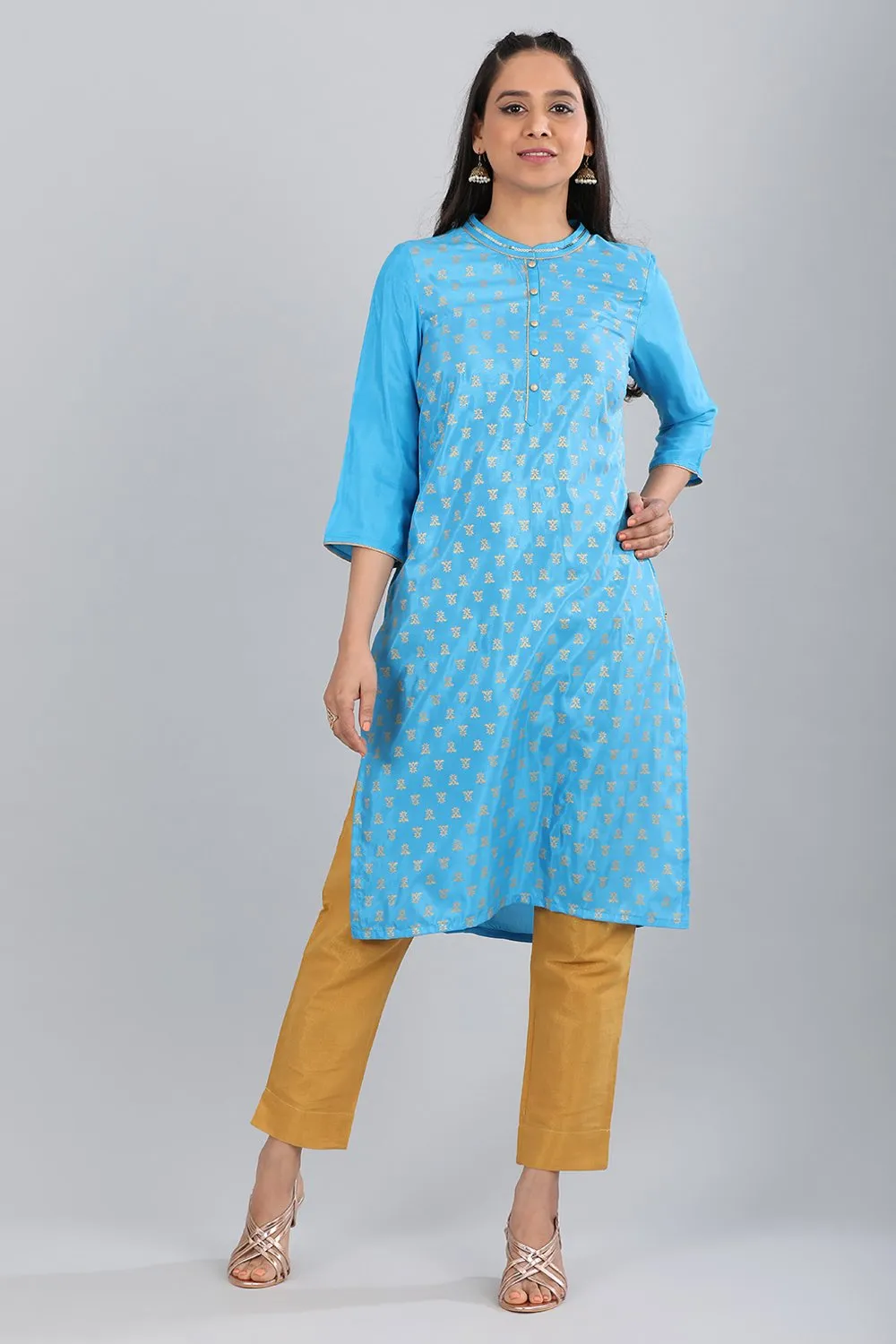 Blue Mandarin Neck Printed kurta