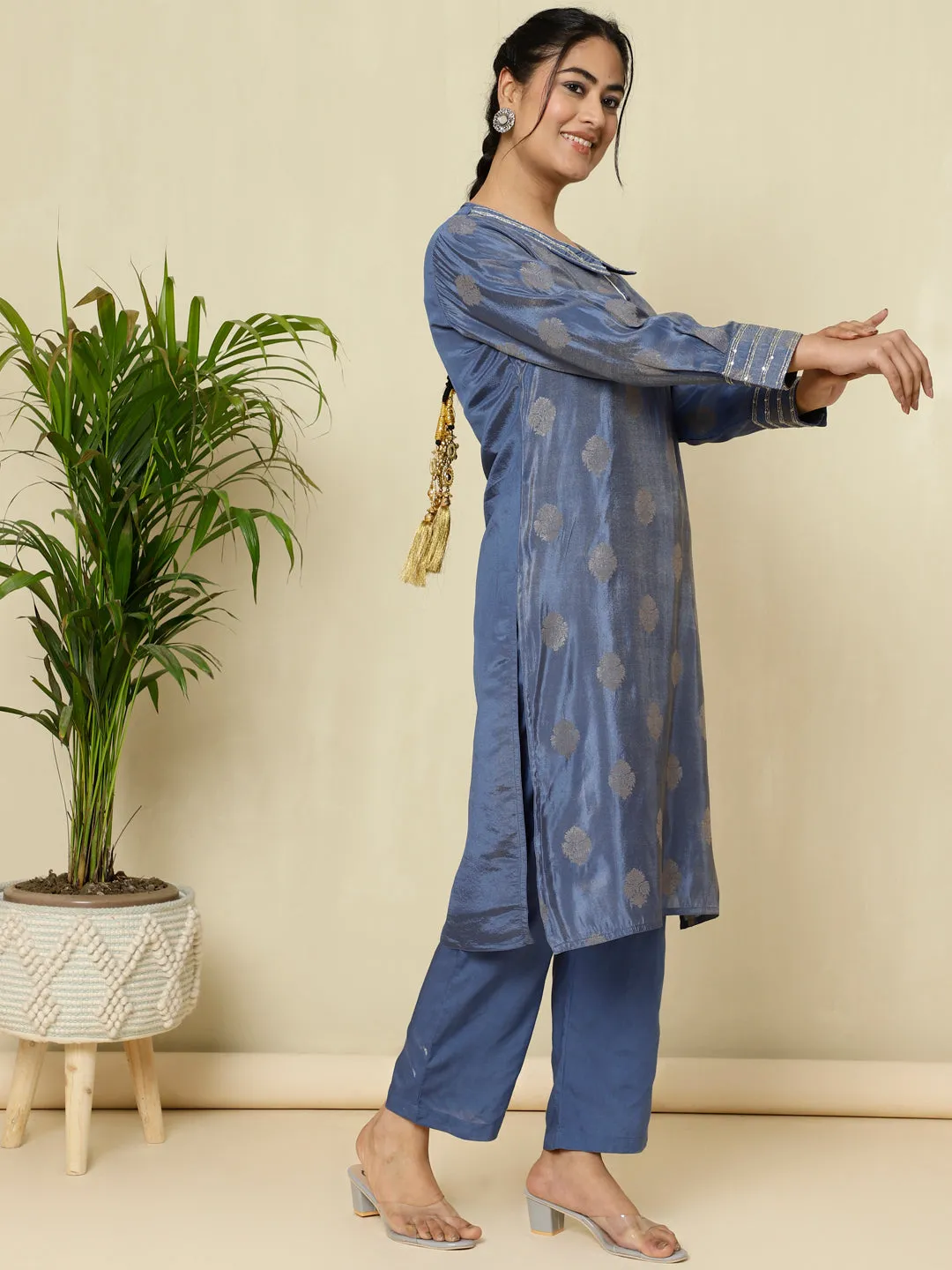 Blue Pure Silk Jacquard Handwork Kurta With Palazzo