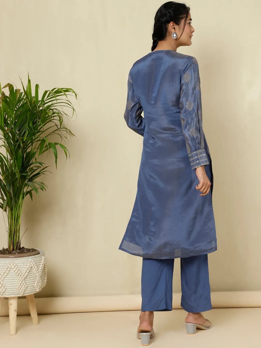 Blue Pure Silk Jacquard Handwork Kurta With Palazzo