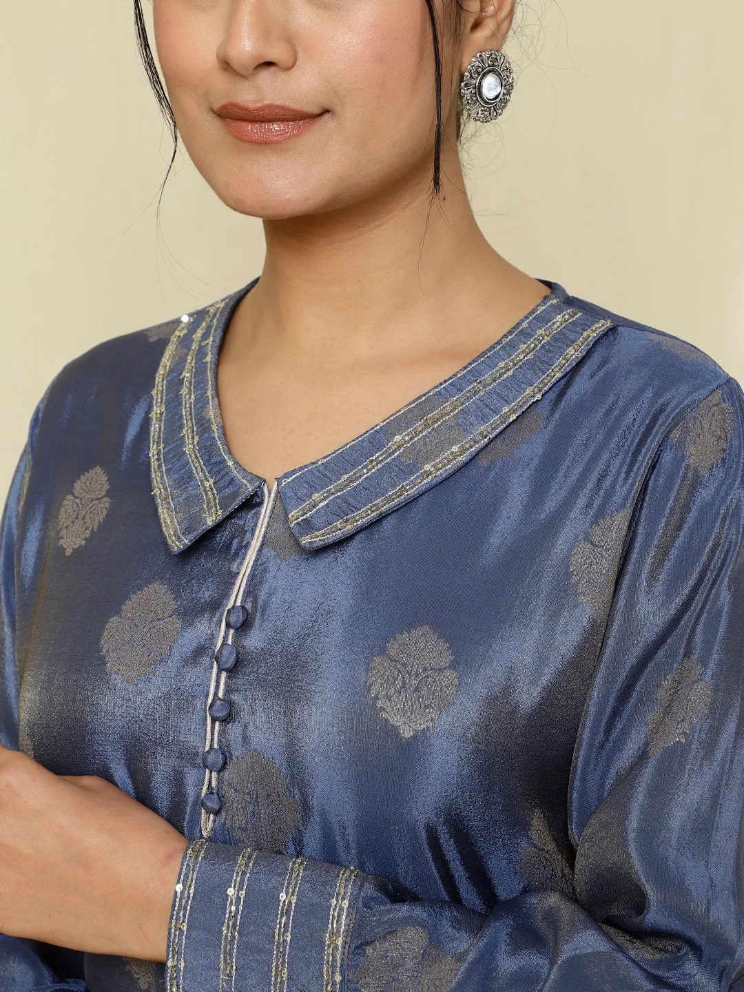 Blue Pure Silk Jacquard Handwork Kurta With Palazzo