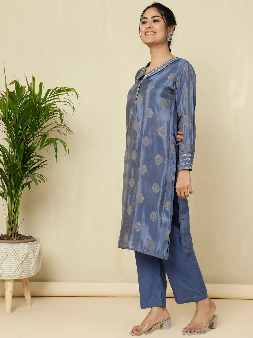 Blue Pure Silk Jacquard Handwork Kurta With Palazzo