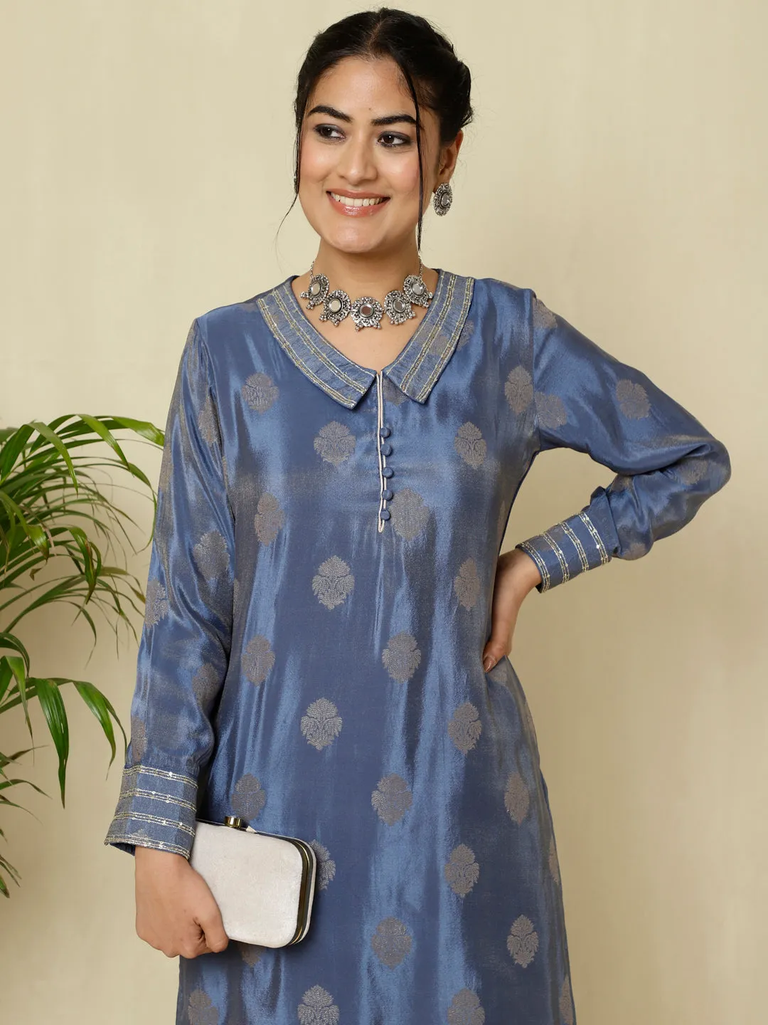 Blue Pure Silk Jacquard Handwork Kurta With Palazzo