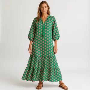 Bohemian Maxi Dress | Green Geometric Print | Lightweight and Relaxed