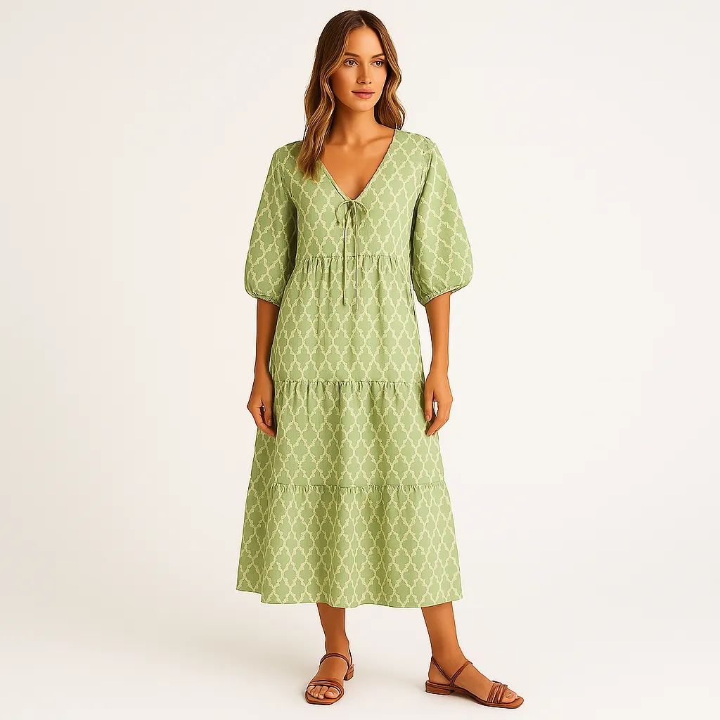 Bohemian Maxi Dress | Green Geometric Print | Lightweight and Relaxed