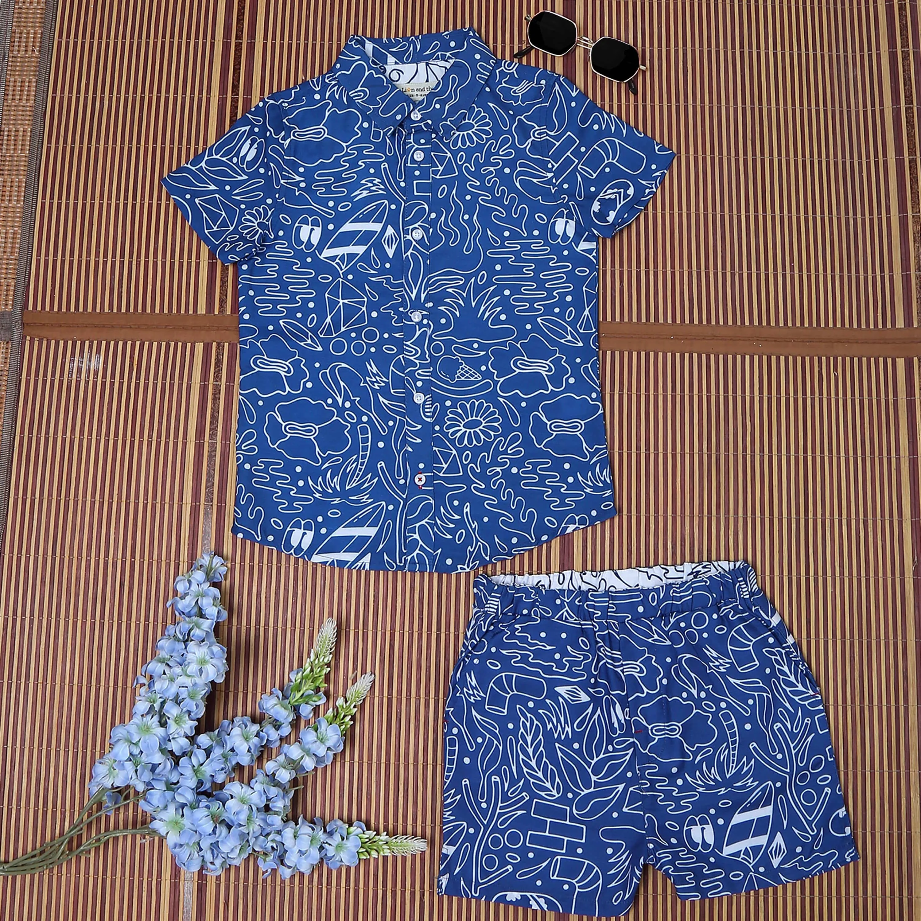Boys Doodle Print Shirt & Shorts Co-Ord Set Royal Blue