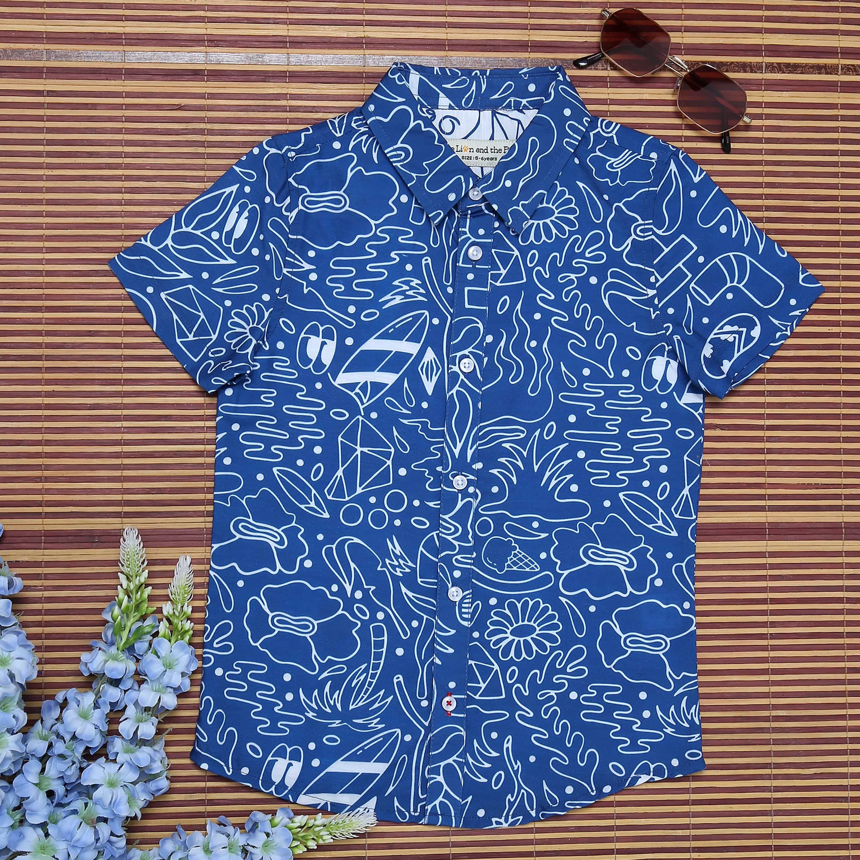 Boys Doodle Print Shirt & Shorts Co-Ord Set Royal Blue