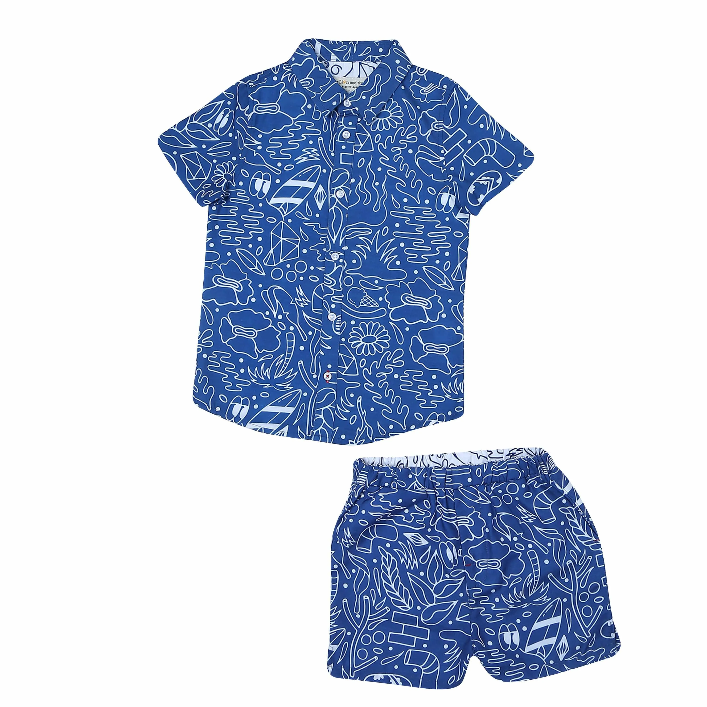 Boys Doodle Print Shirt & Shorts Co-Ord Set Royal Blue