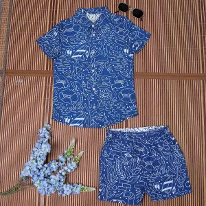 Boys Doodle Print Shirt & Shorts Co-Ord Set Royal Blue