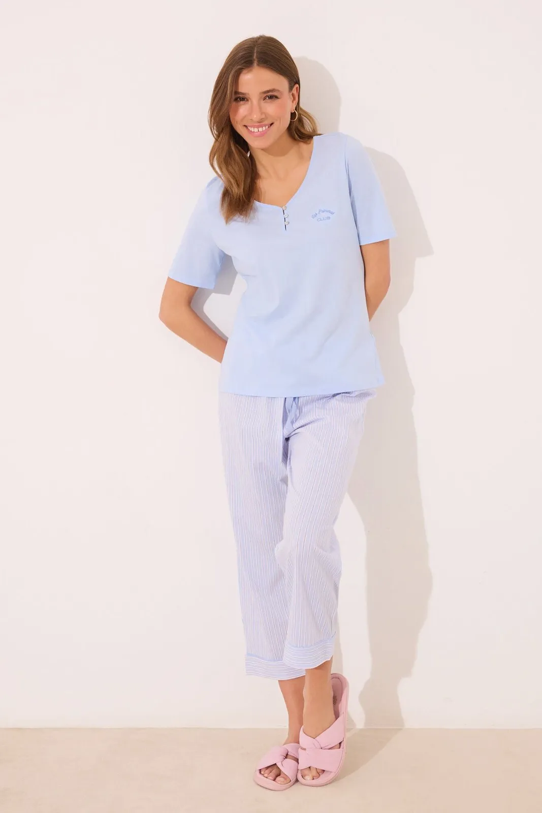 Capri pyjamas 100% cotton blue striped - Blue