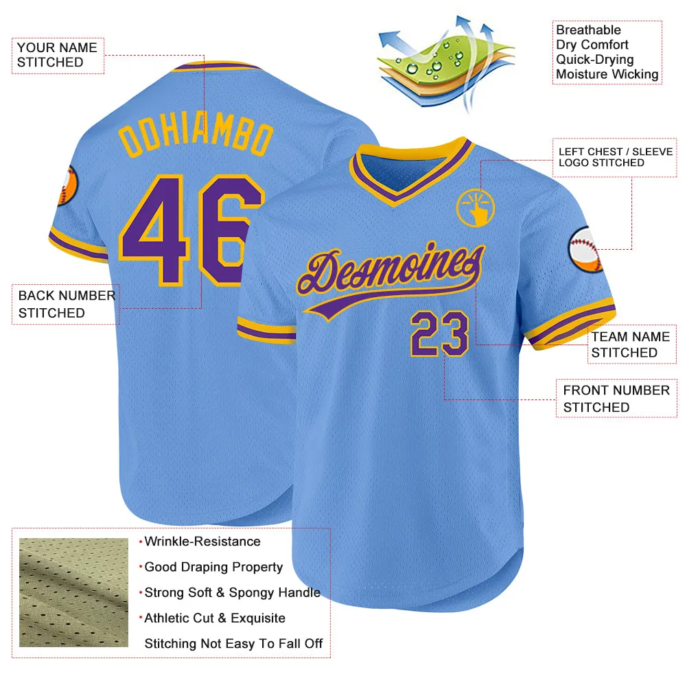 Custom Light Blue Purple-Gold Authentic Throwback Baseball Jersey