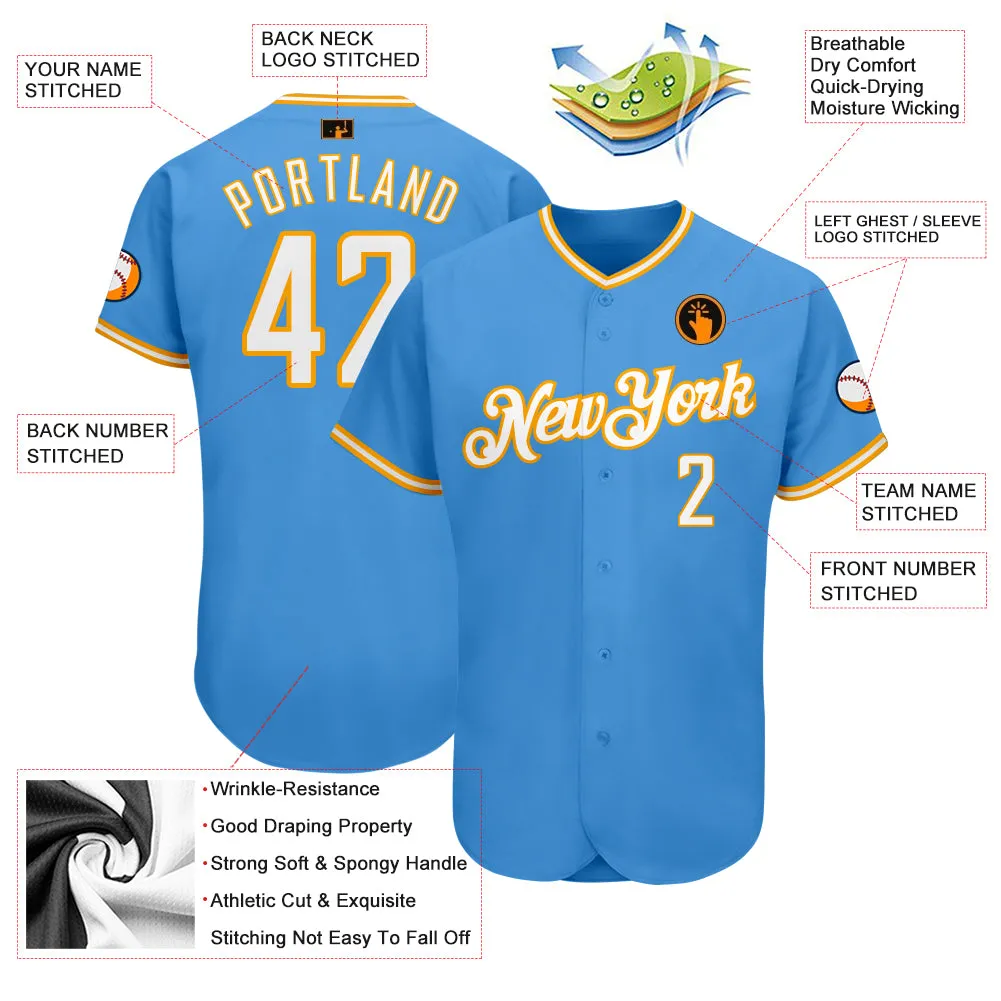 Custom Powder Blue White-Gold Authentic Baseball Jersey