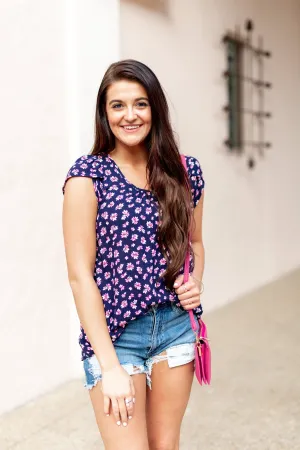 Dancing In Fields Floral Top- Navy & Pink