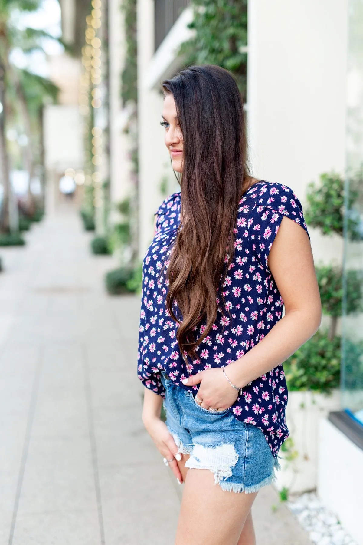 Dancing In Fields Floral Top- Navy & Pink