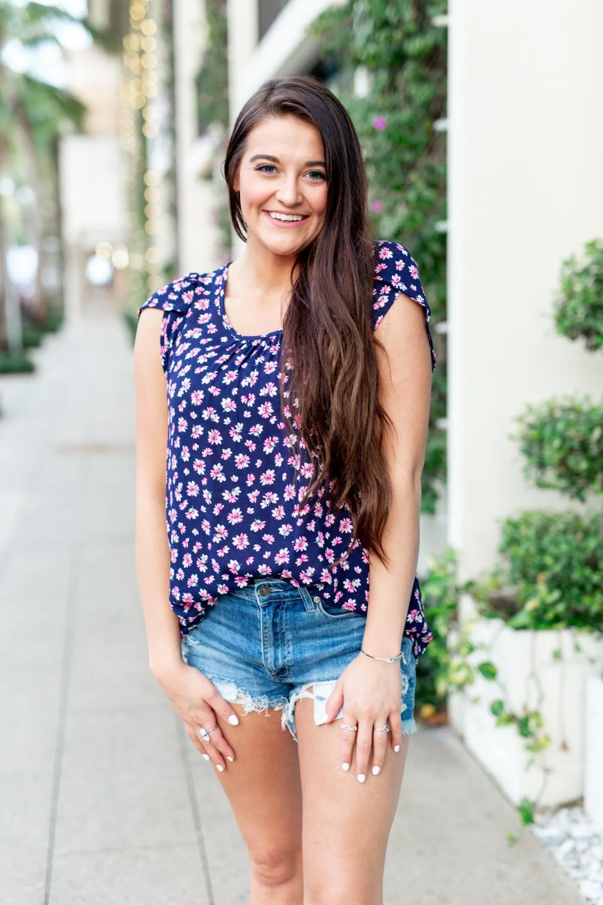Dancing In Fields Floral Top- Navy & Pink
