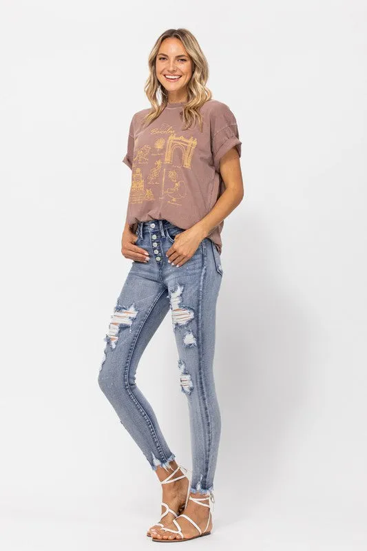 Destroyed Bleach Splash Buttonfly Skinny