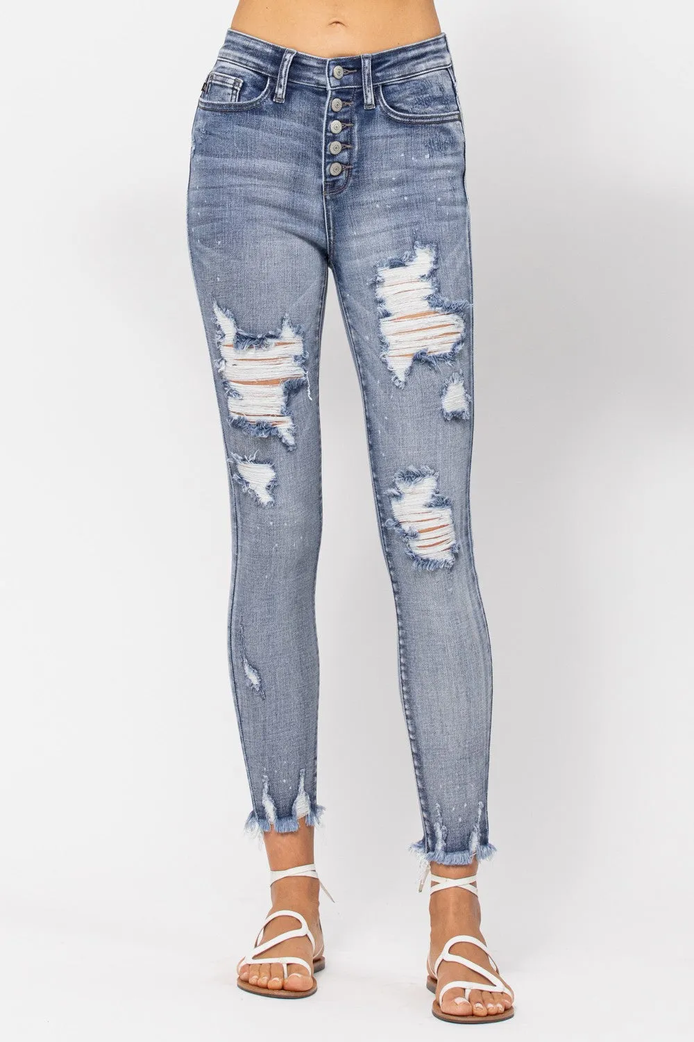 Destroyed Bleach Splash Buttonfly Skinny