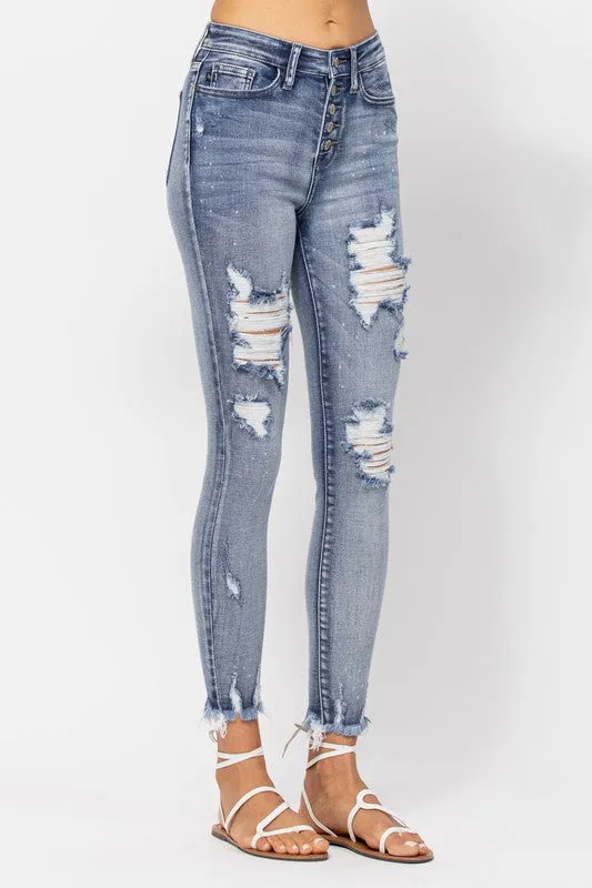 Destroyed Bleach Splash Buttonfly Skinny