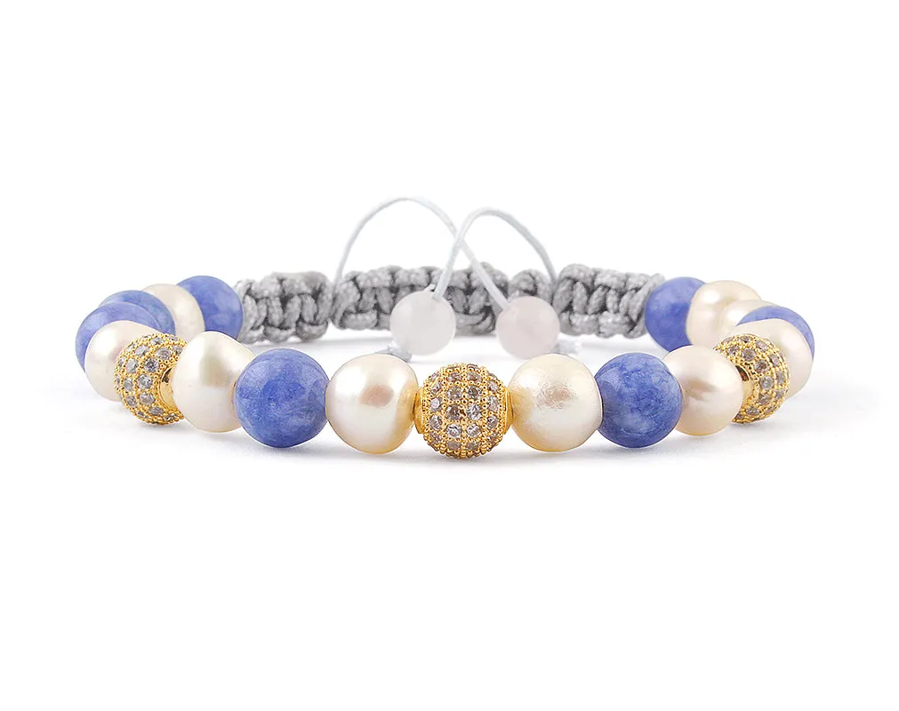 Fashion Womens bracelet with cubic zirconia, aquamarine and pearl beads